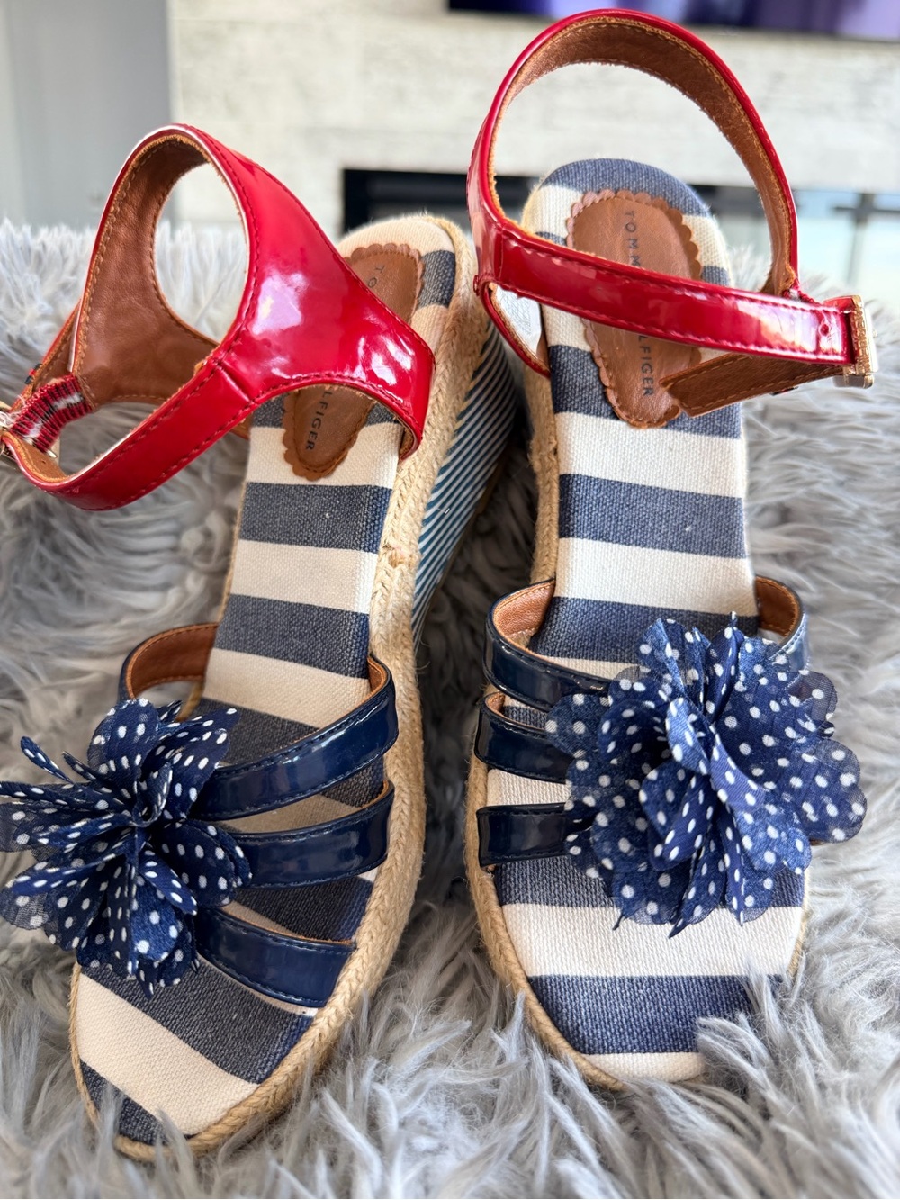Tommy Hilfiger Navy & Red Striped Flower Wedge Sandals for Kids